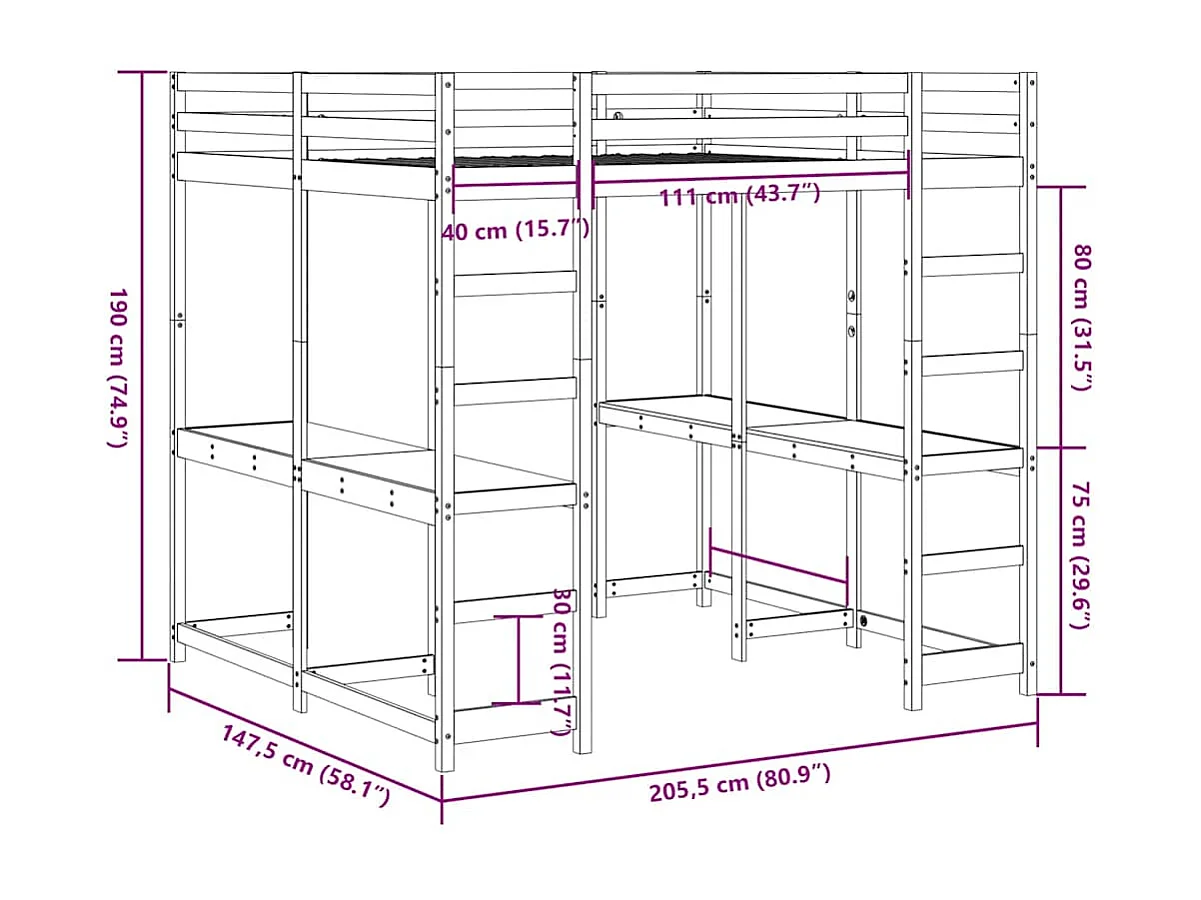 Hochbett mit Schreibtisch & Leiter 140x200 cm Massivholz Kiefer