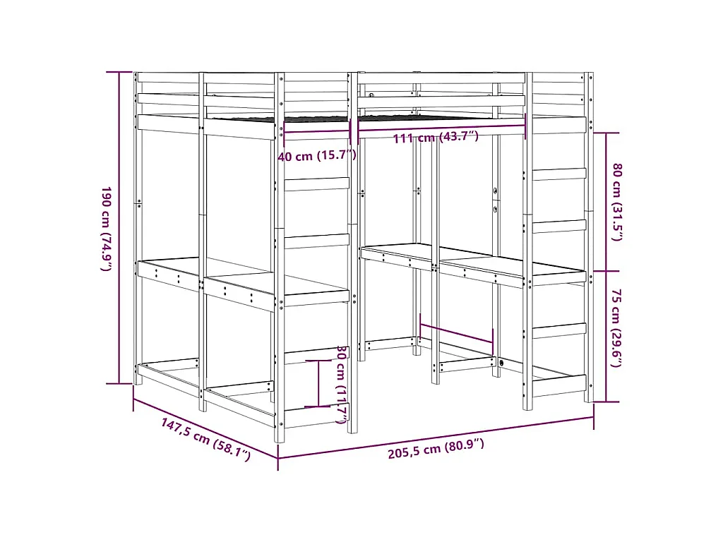 Hoogslaper met bureau en ladder massief grenenhout 140x200 cm