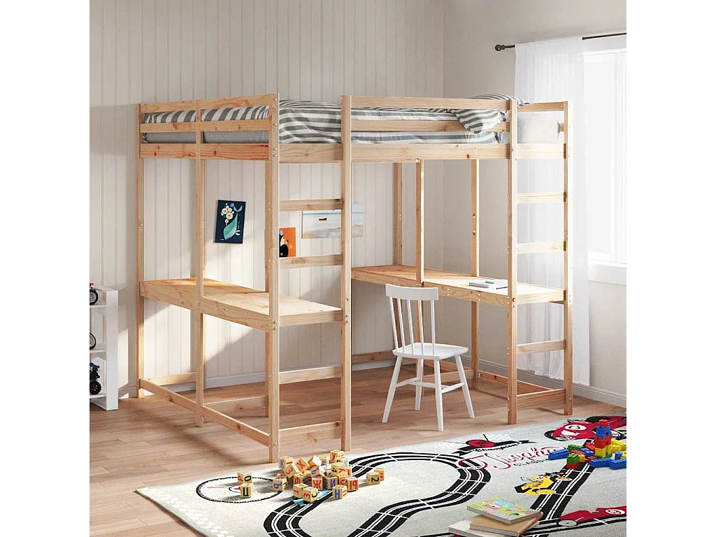 Hoogslaper met bureau en ladder massief grenenhout 140x200 cm