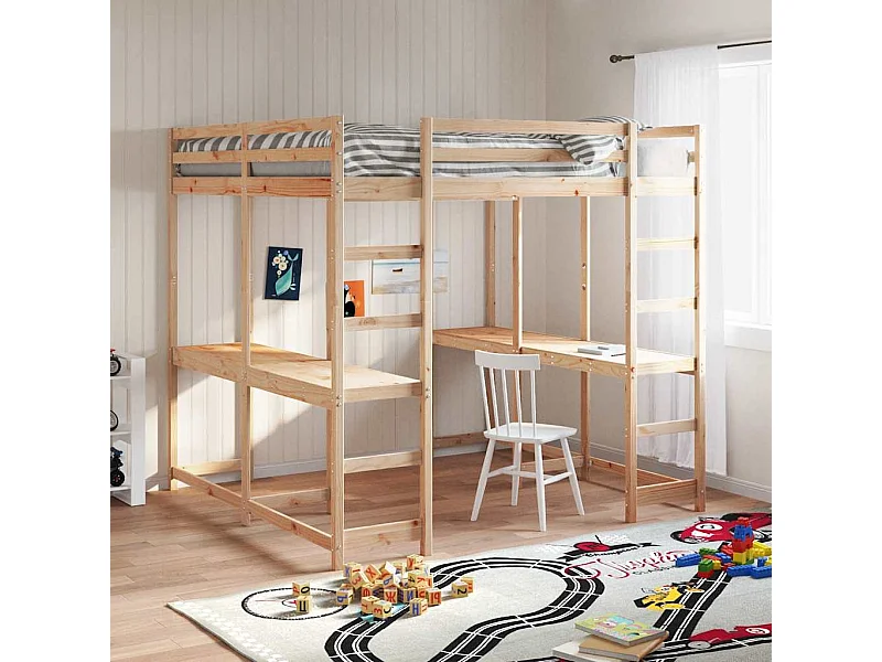 Lit superposé et bureau et échelle 140x200cm bois de pin massif