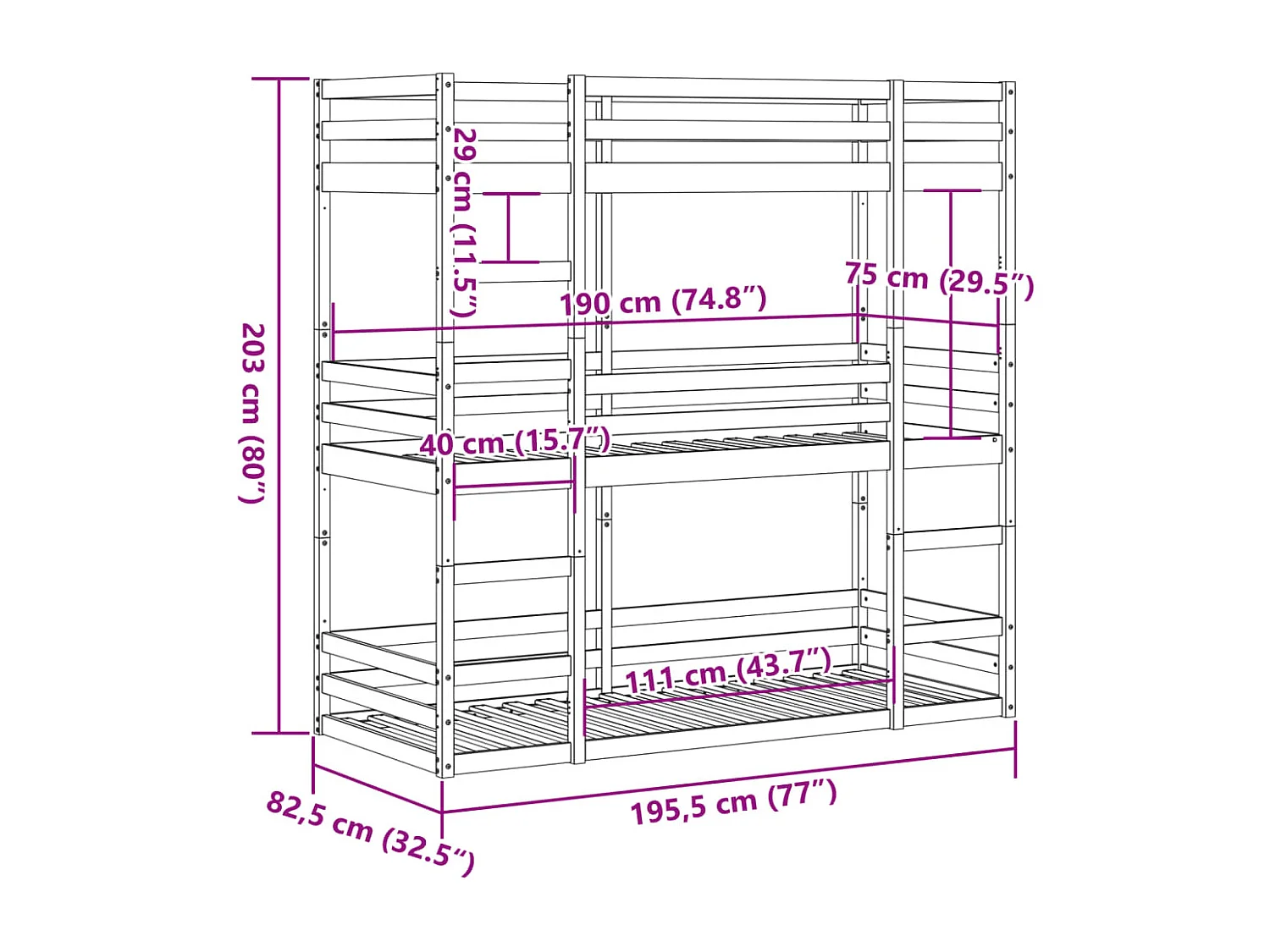 Łóżko Piętrowe Potrójne z Litego Sosnowego Drewna 75x190 cm - Solidne i Funkcjonalne