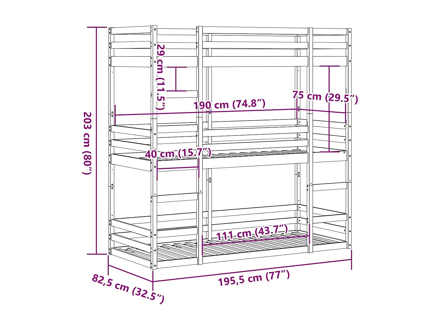 Lit superposé triple sans matelas 75x190 cm bois de pin massif