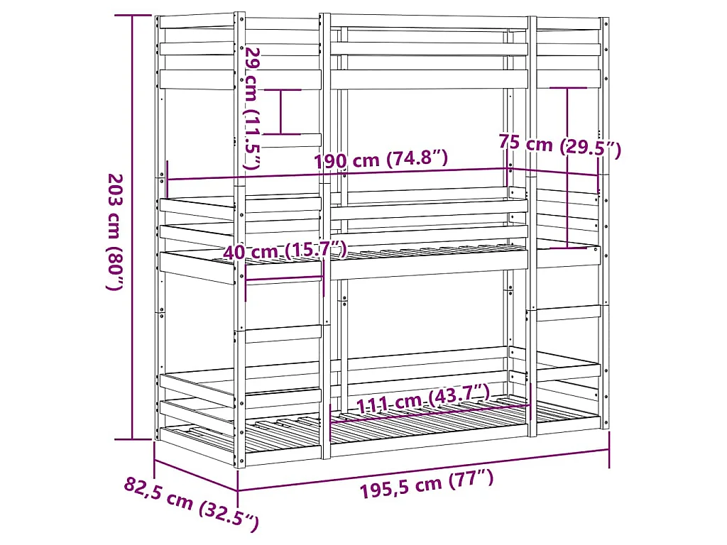 Stapelbed 3-persoons massief grenenhout wasbruin 75x190 cm