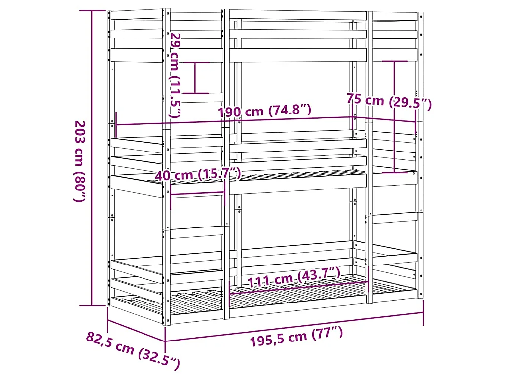 Lit superposé triple sans matelas 75x190 cm bois de pin massif