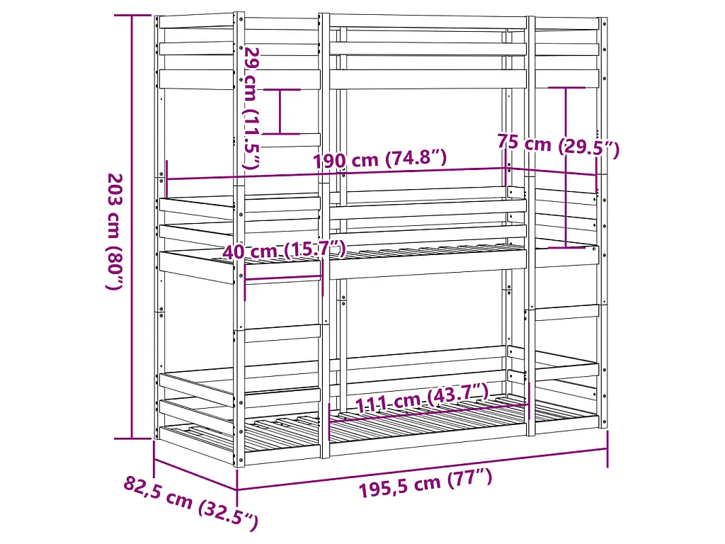 Lit superposé triple sans matelas 75x190 cm bois de pin massif
