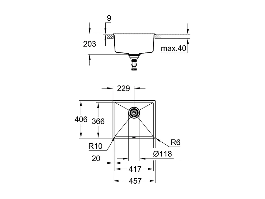 GROHE Fregadero de 1 seno 457 x 406 mm granito gris compuesto de cuarzo K700U