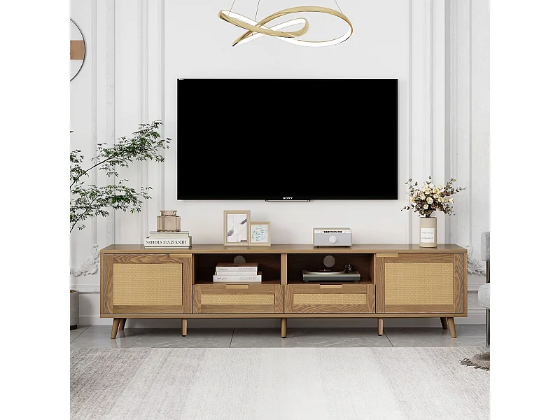 URBAN MEUBLE Meuble TV en rotin tressé pieds en bois massif 200*37*49cm