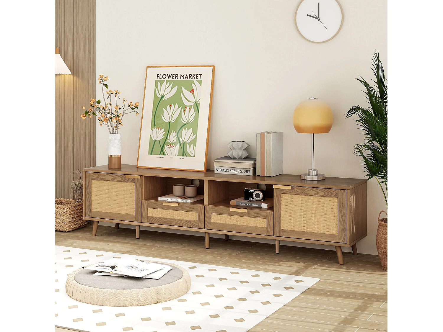 Meuble TV en rotin tressé pieds en bois massif 200*37*49cm TORQEOLS