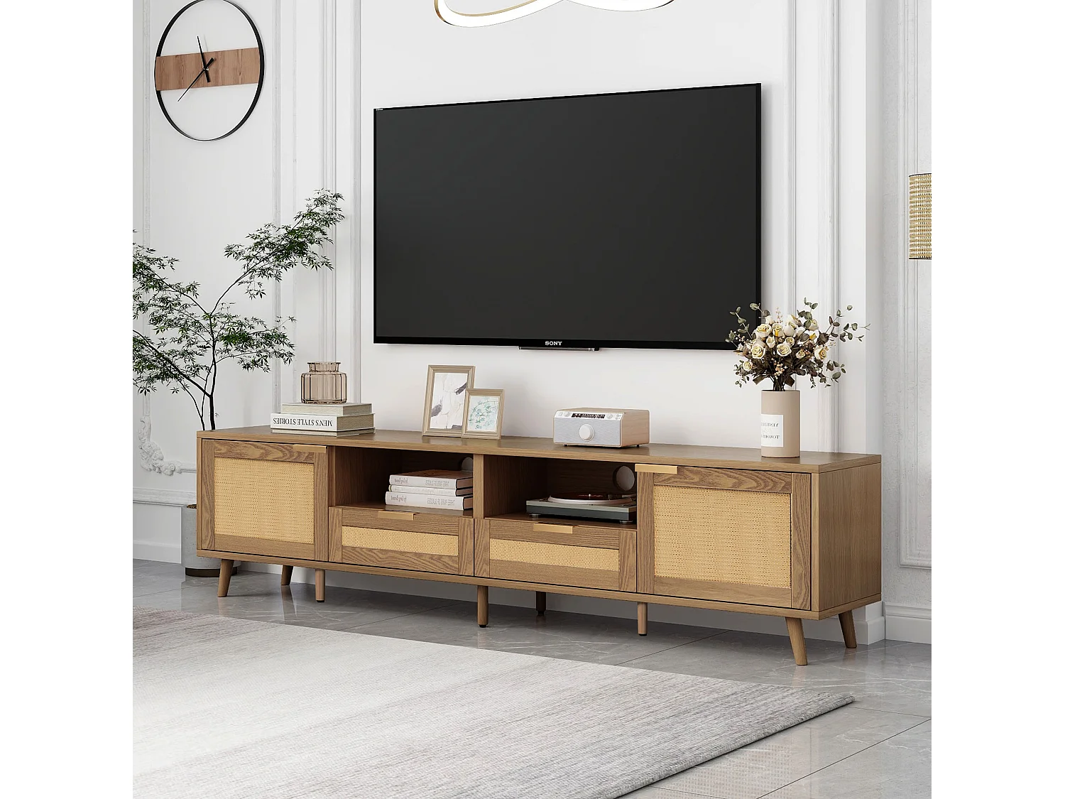 Meuble TV en rotin tressé pieds en bois massif 200*37*49cm TORQEOLS
