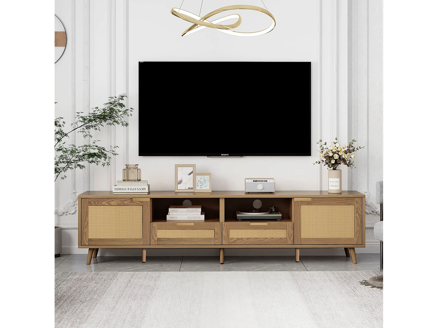 Meuble TV en rotin tressé pieds en bois massif 200*37*49cm TORQEOLS