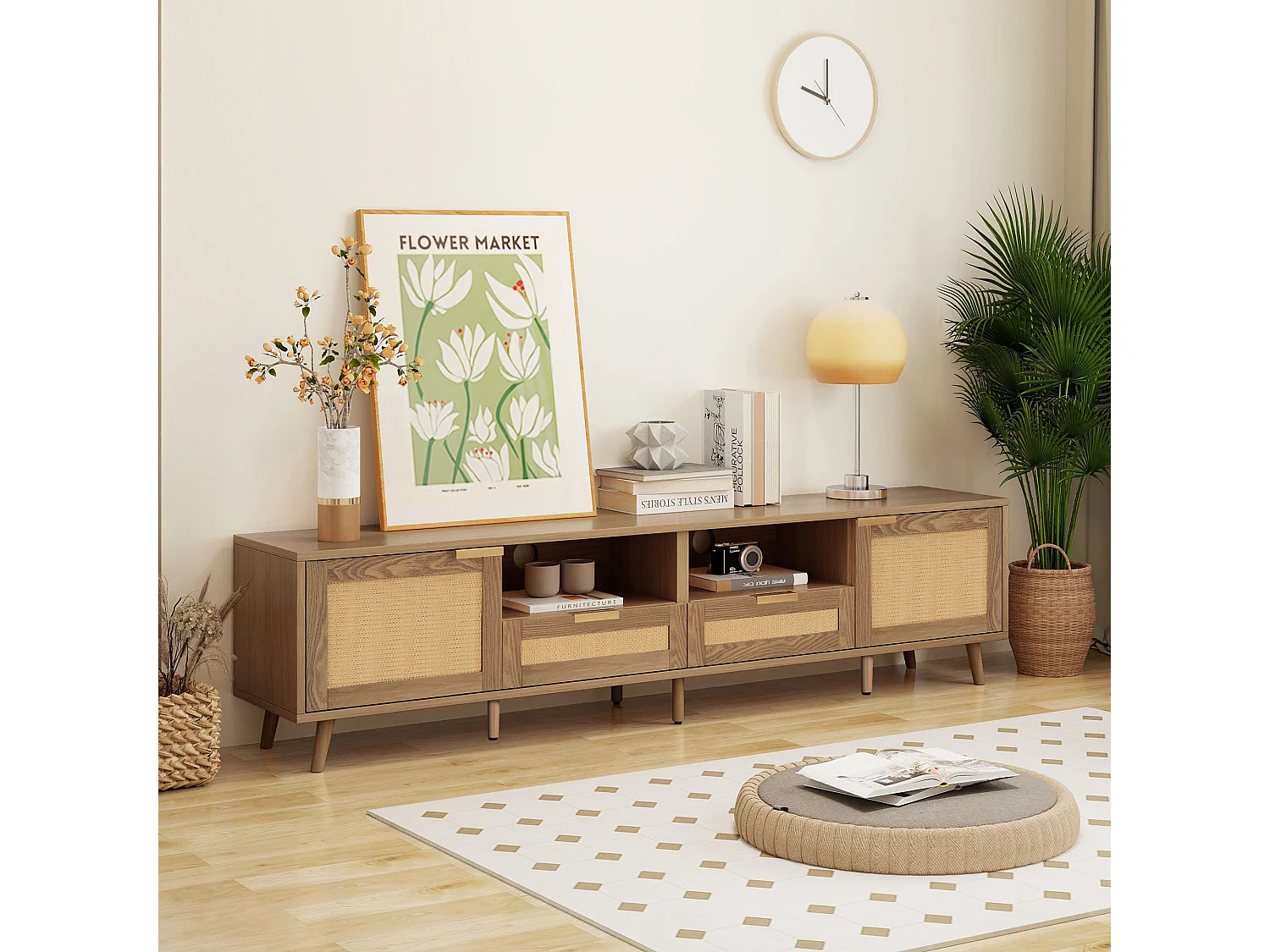 URBAN MEUBLE Meuble TV en rotin tressé pieds en bois massif 200*37*49cm