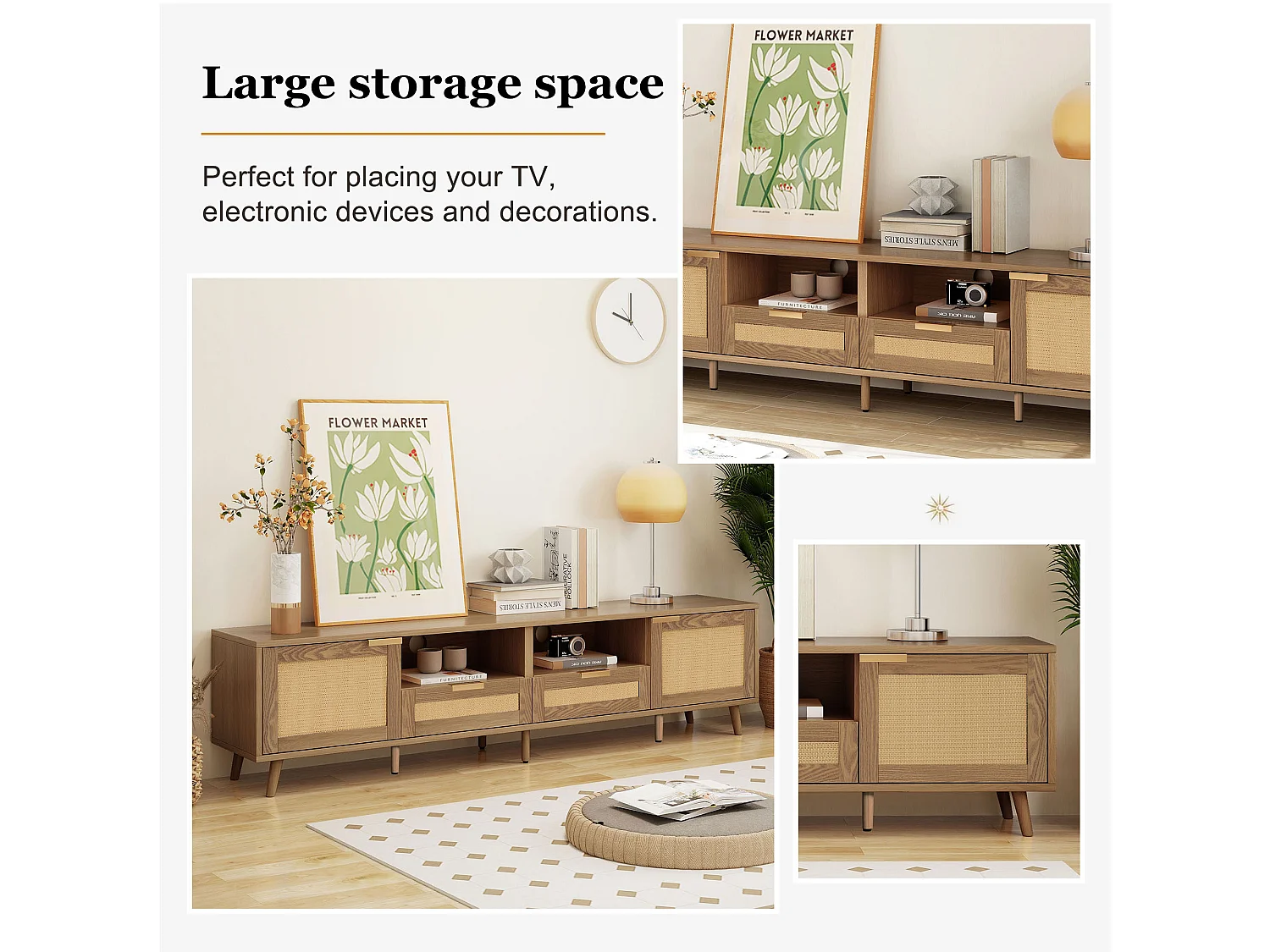 URBAN MEUBLE Meuble TV en rotin tressé pieds en bois massif 200*37*49cm