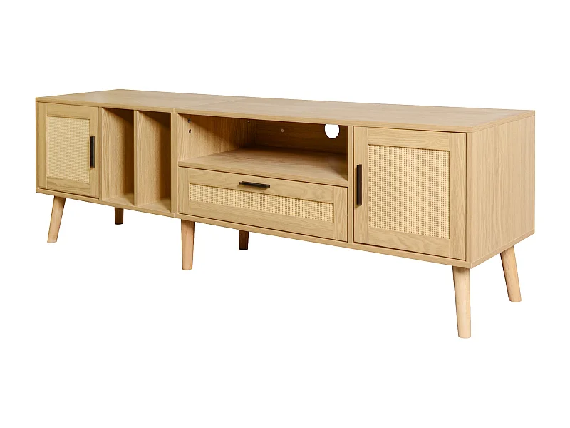 Meuble TV effet bois décoration en rotin 2 portes et un tiroir 180cm BRAVVANS