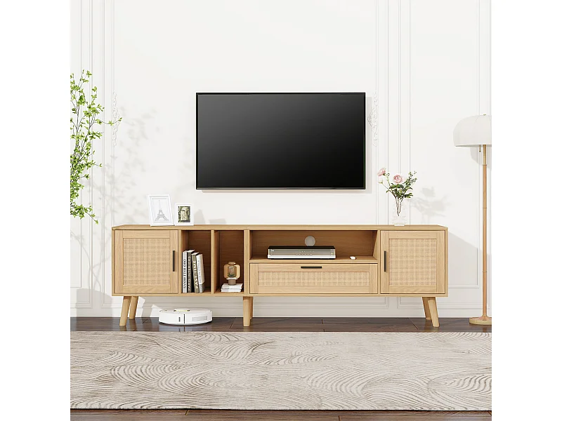 Meuble TV effet bois décoration en rotin 2 portes et un tiroir 180cm BRAVVANS