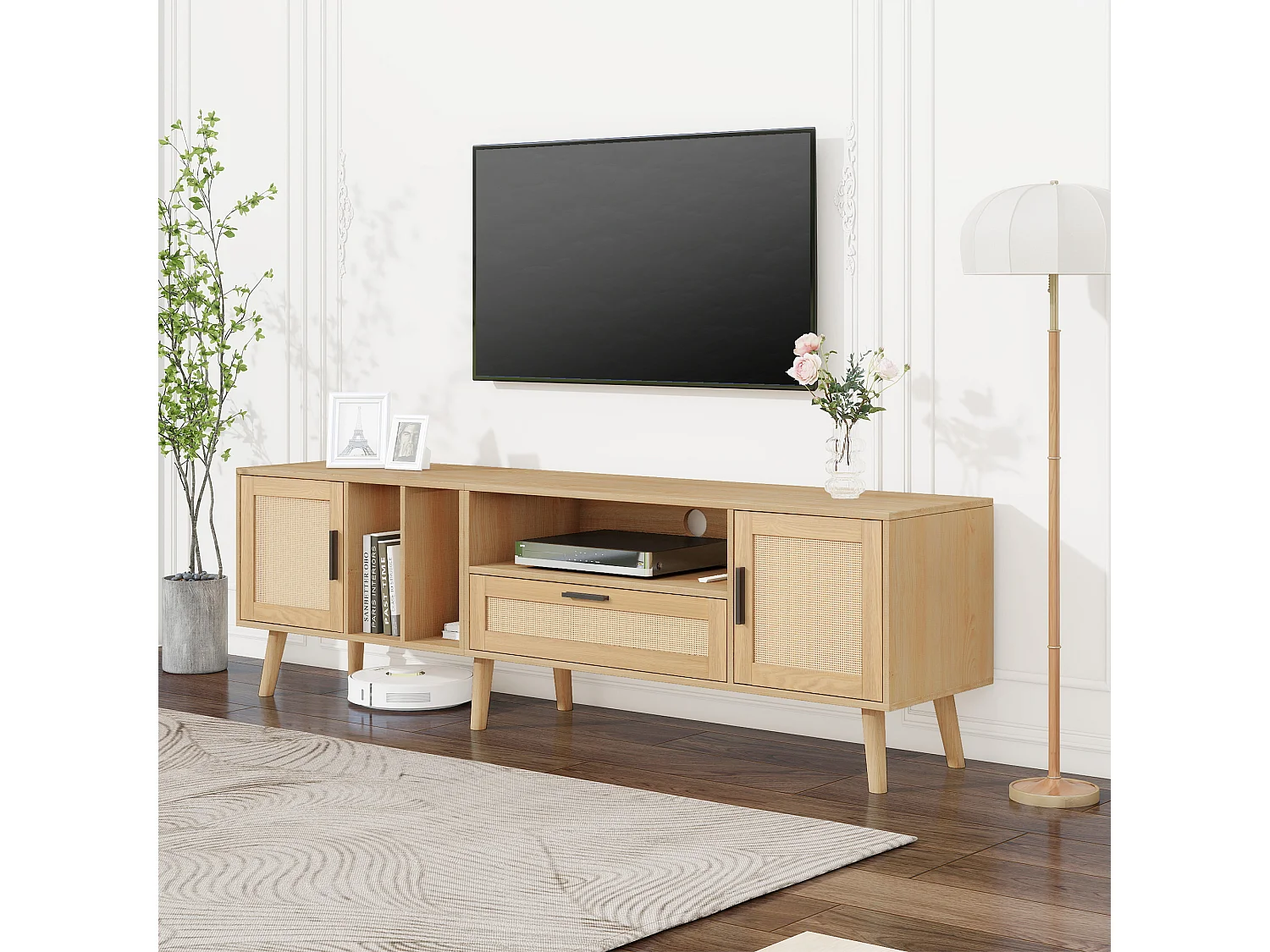 Meuble TV effet bois décoration en rotin 2 portes et un tiroir 180cm BRAVVANS