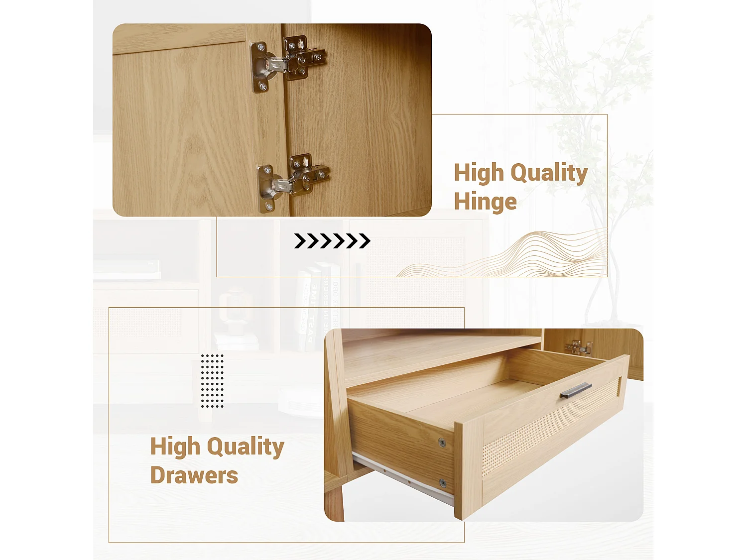 Meuble TV effet bois décoration en rotin 2 portes et un tiroir 180cm BRAVVANS