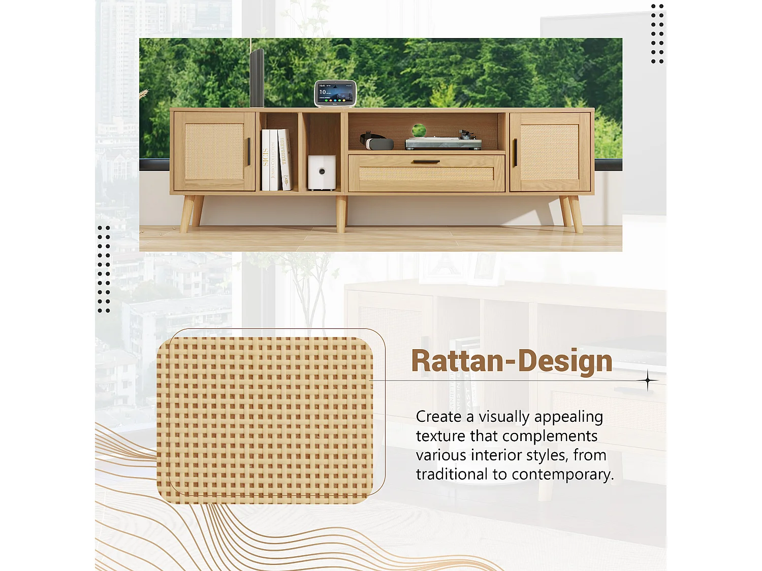 Meuble TV effet bois décoration en rotin 2 portes et un tiroir 180cm BRAVVANS