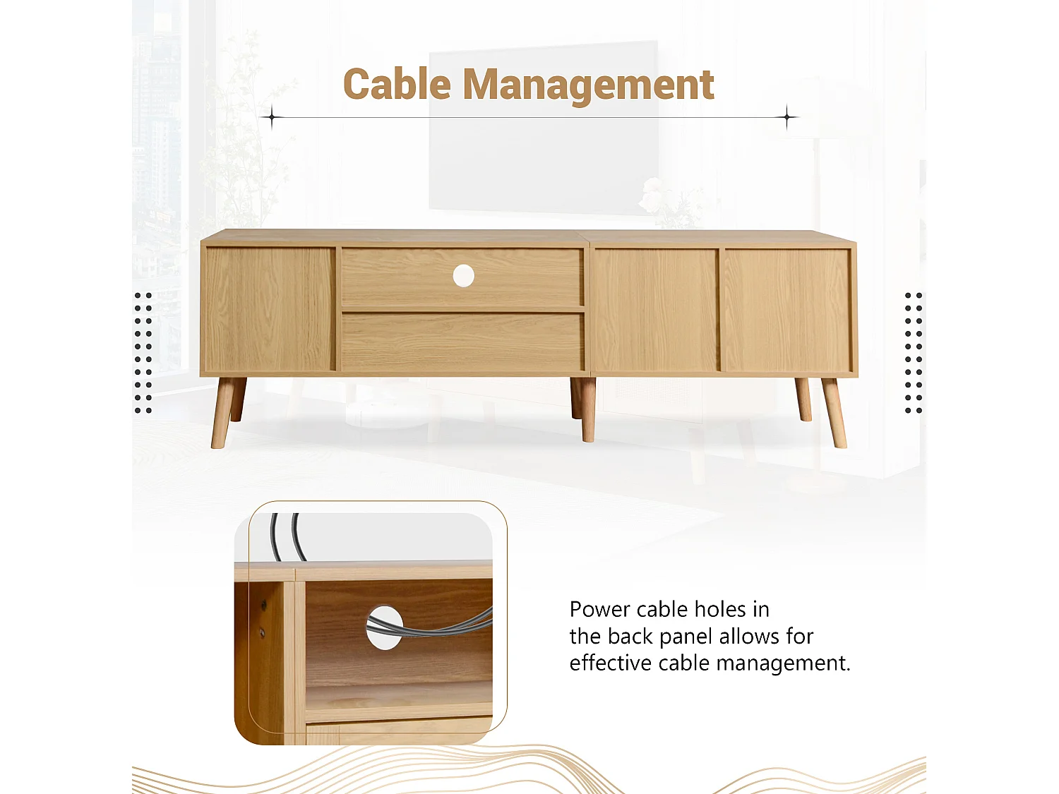 Meuble TV effet bois décoration en rotin 2 portes et un tiroir 180cm BRAVVANS