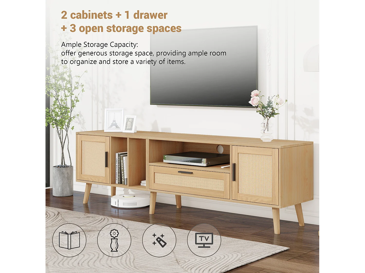 Meuble TV effet bois décoration en rotin 2 portes et un tiroir 180cm BRAVVANS