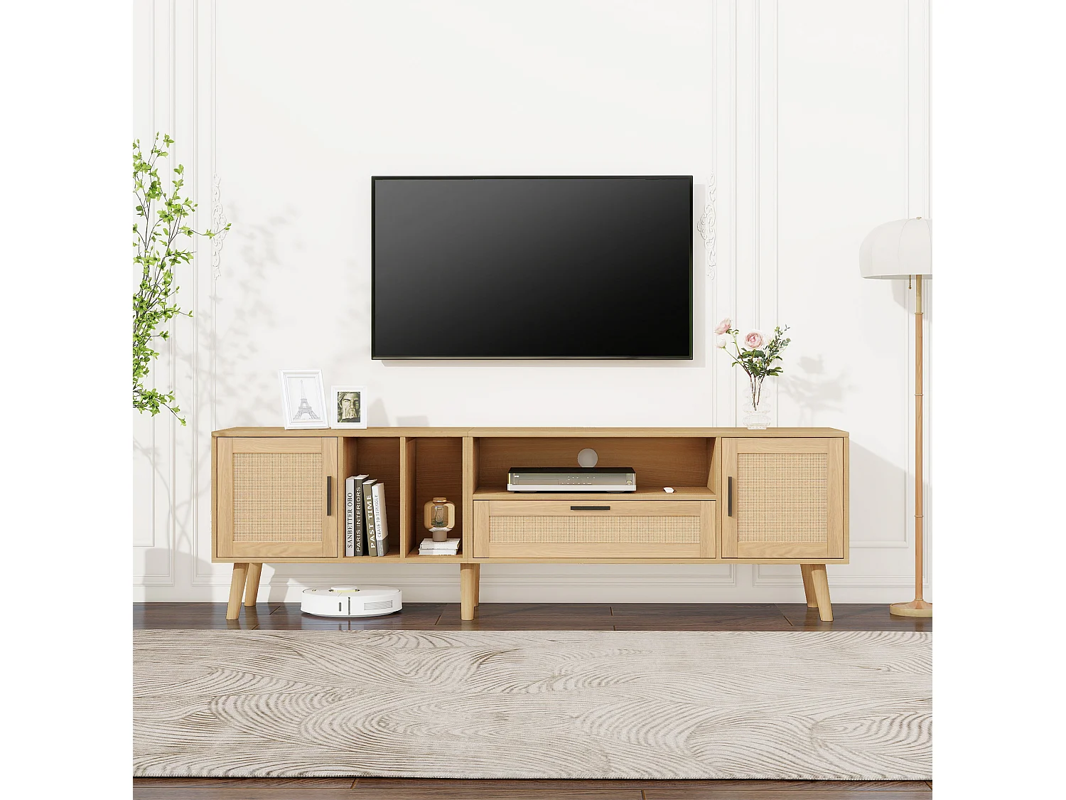 URBAN MEUBLE Meuble TV effet bois décoration en rotin 2 portes et un tiroir 180cm