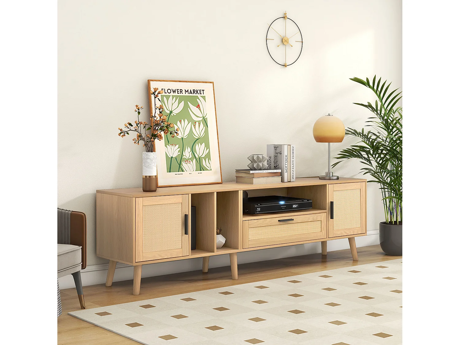 URBAN MEUBLE Meuble TV effet bois décoration en rotin 2 portes et un tiroir 180cm