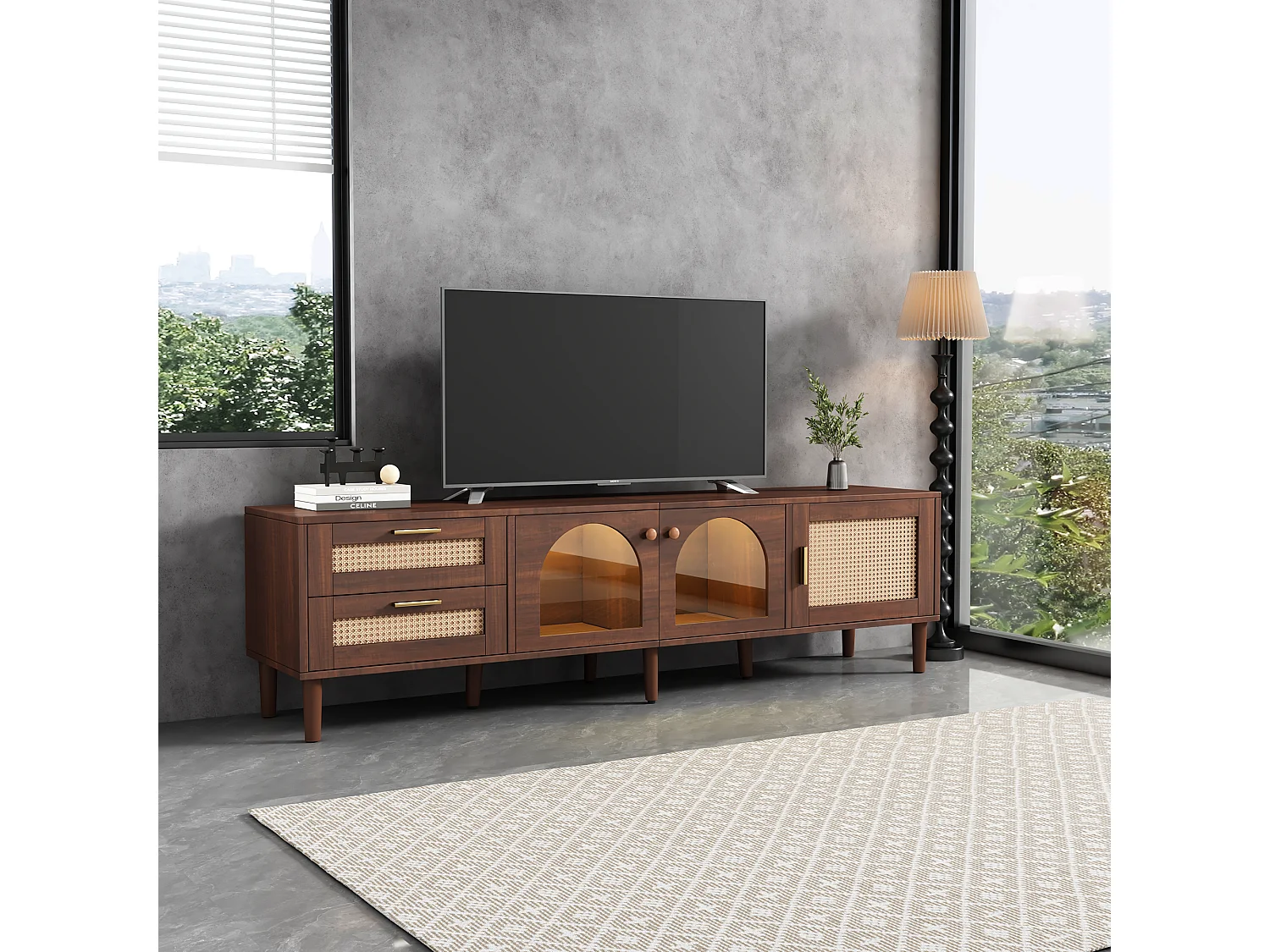 Meuble TV effet bois marron avec rangement élégant 2 tiroirs en rotin, 2 portes vitrées cintrées et 1 porte en rotin éclairage LED 180cm TRURKAN