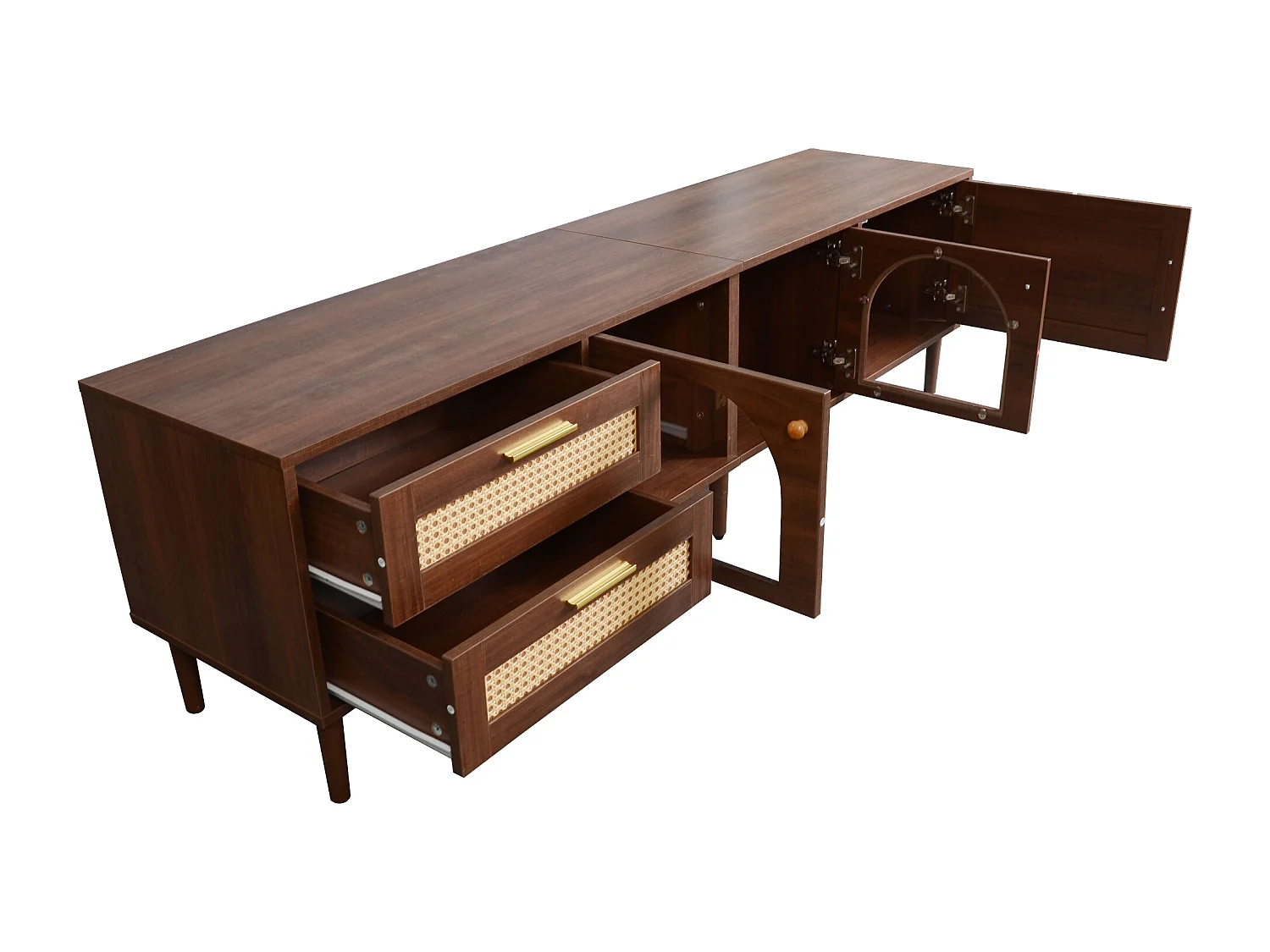 Meuble TV effet bois marron avec rangement élégant 2 tiroirs en rotin, 2 portes vitrées cintrées et 1 porte en rotin éclairage LED 180cm TRURKAN