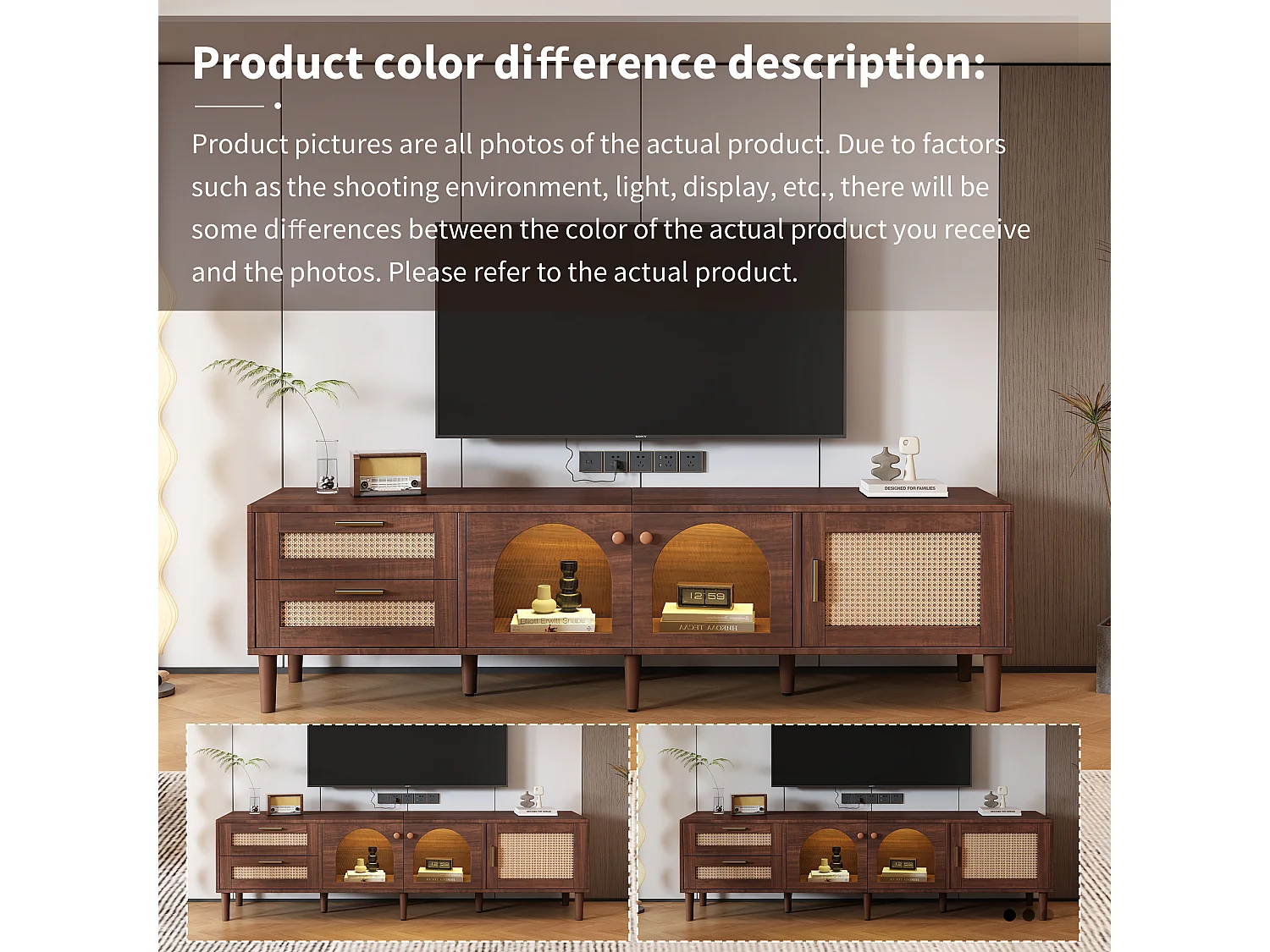 Meuble TV effet bois marron avec rangement élégant 2 tiroirs en rotin, 2 portes vitrées cintrées et 1 porte en rotin éclairage LED 180cm TRURKAN