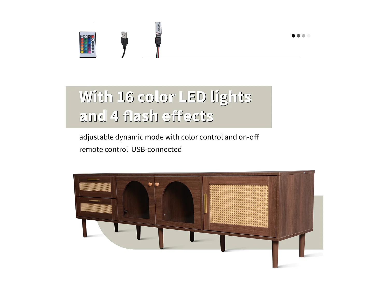 URBAN MEUBLE Meuble TV effet bois marron avec rangement élégant 2 tiroirs en rotin, 2 portes vitrées cintrées et 1 porte en rotin éclairage LED 180cm