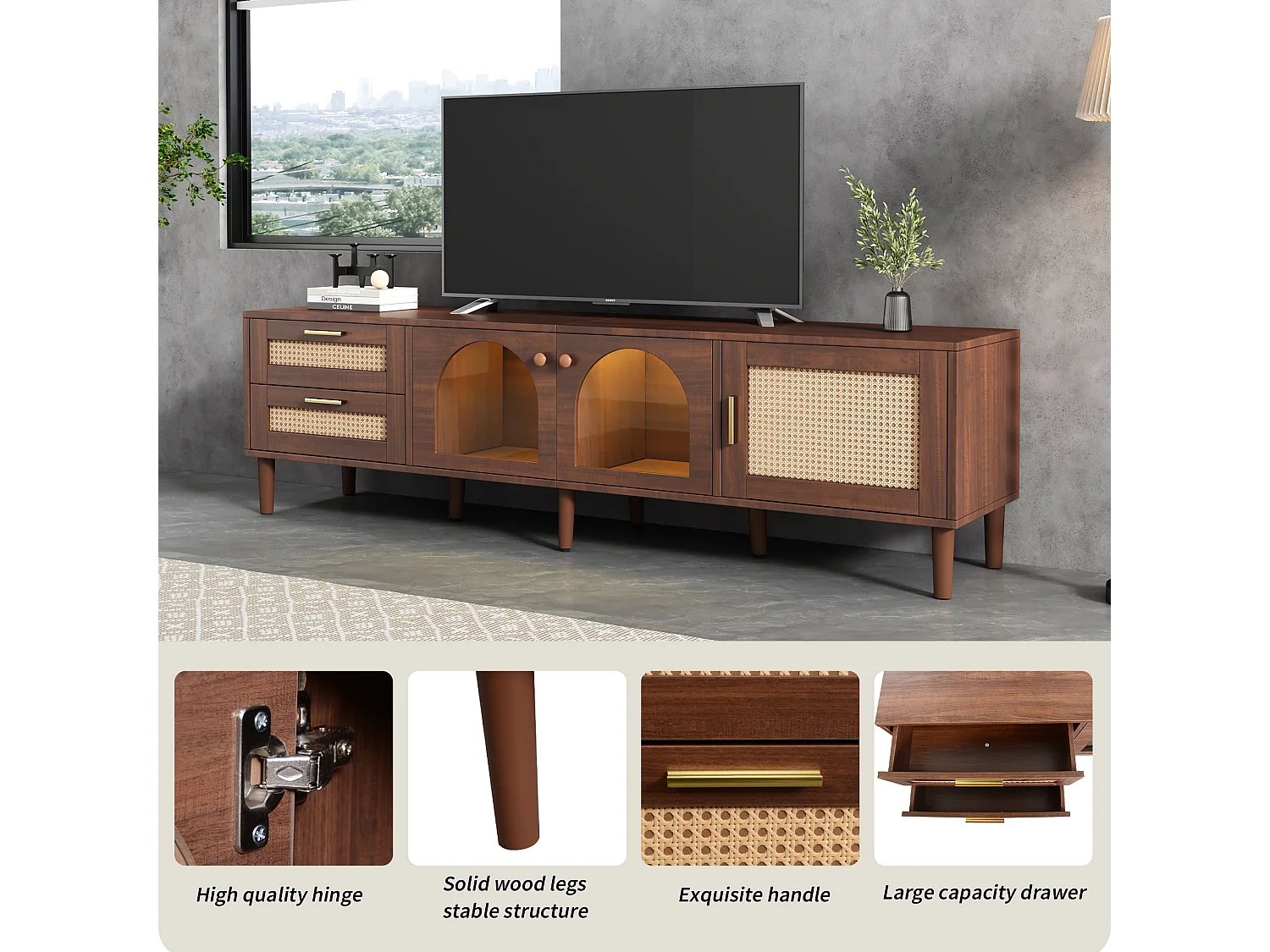 URBAN MEUBLE Meuble TV effet bois marron avec rangement élégant 2 tiroirs en rotin, 2 portes vitrées cintrées et 1 porte en rotin éclairage LED 180cm