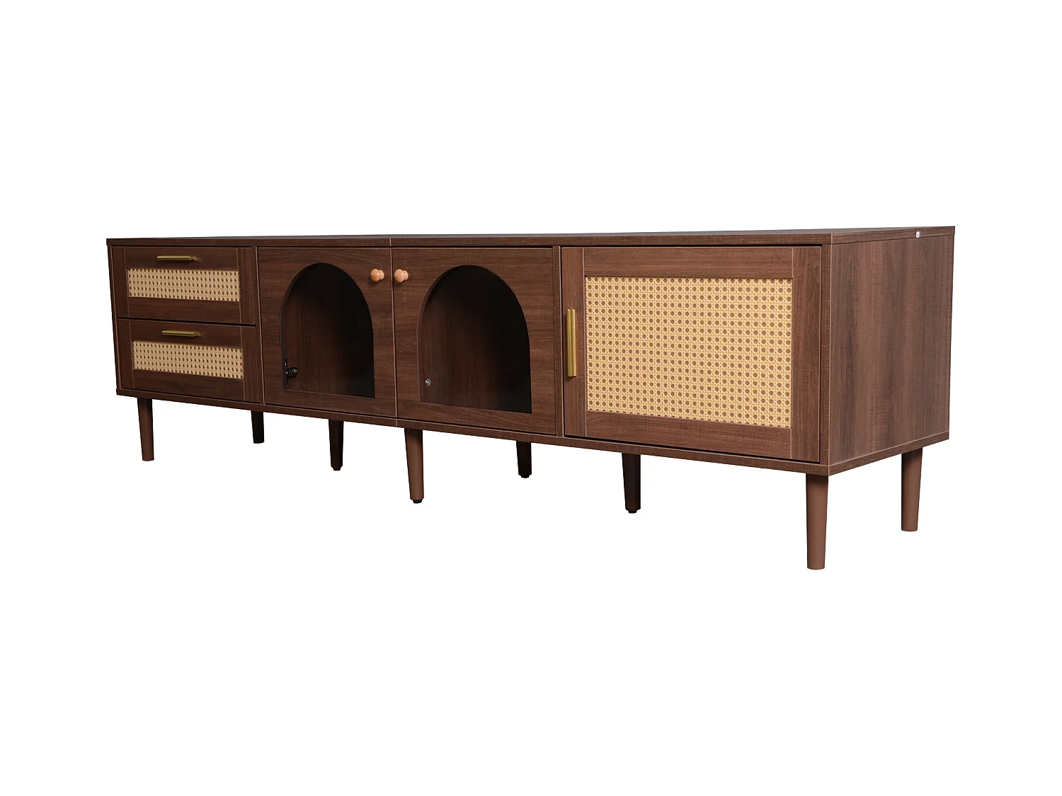 Meuble TV effet bois marron avec rangement élégant 2 tiroirs en rotin, 2 portes vitrées cintrées et 1 porte en rotin éclairage LED 180cm TRURKAN