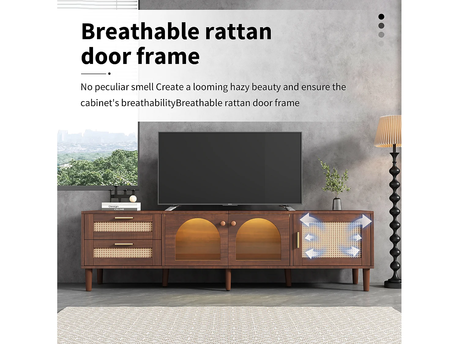 URBAN MEUBLE Meuble TV effet bois marron avec rangement élégant 2 tiroirs en rotin, 2 portes vitrées cintrées et 1 porte en rotin éclairage LED 180cm