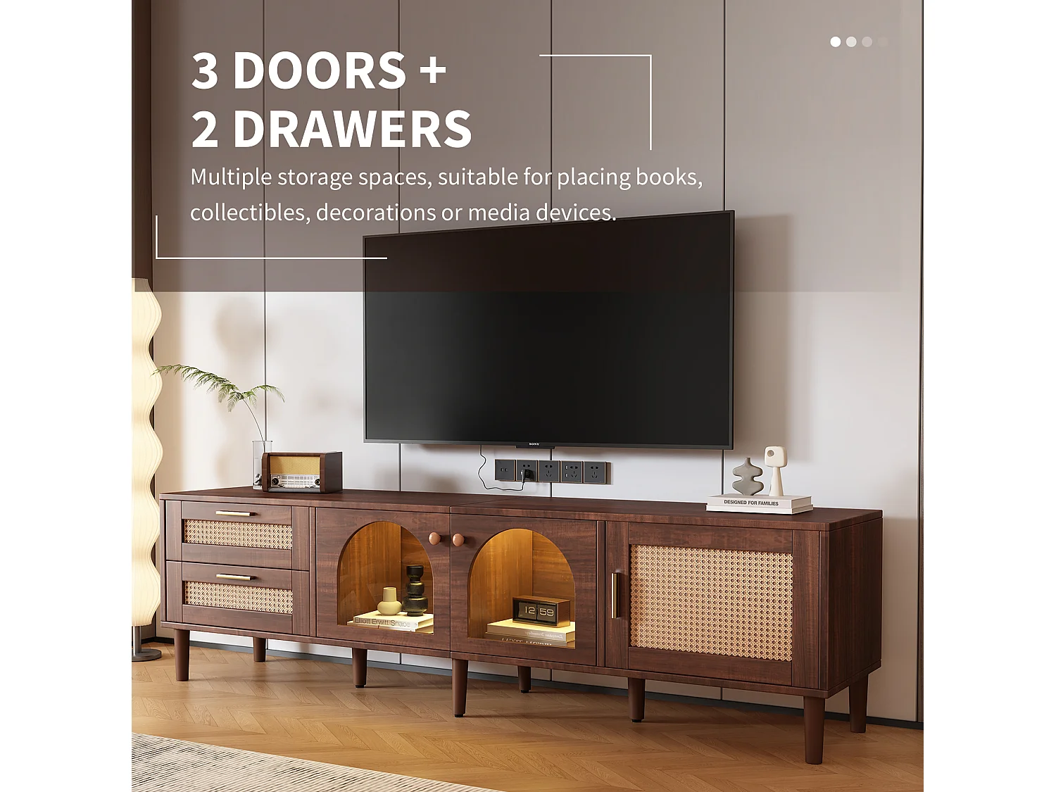 URBAN MEUBLE Meuble TV effet bois marron avec rangement élégant 2 tiroirs en rotin, 2 portes vitrées cintrées et 1 porte en rotin éclairage LED 180cm