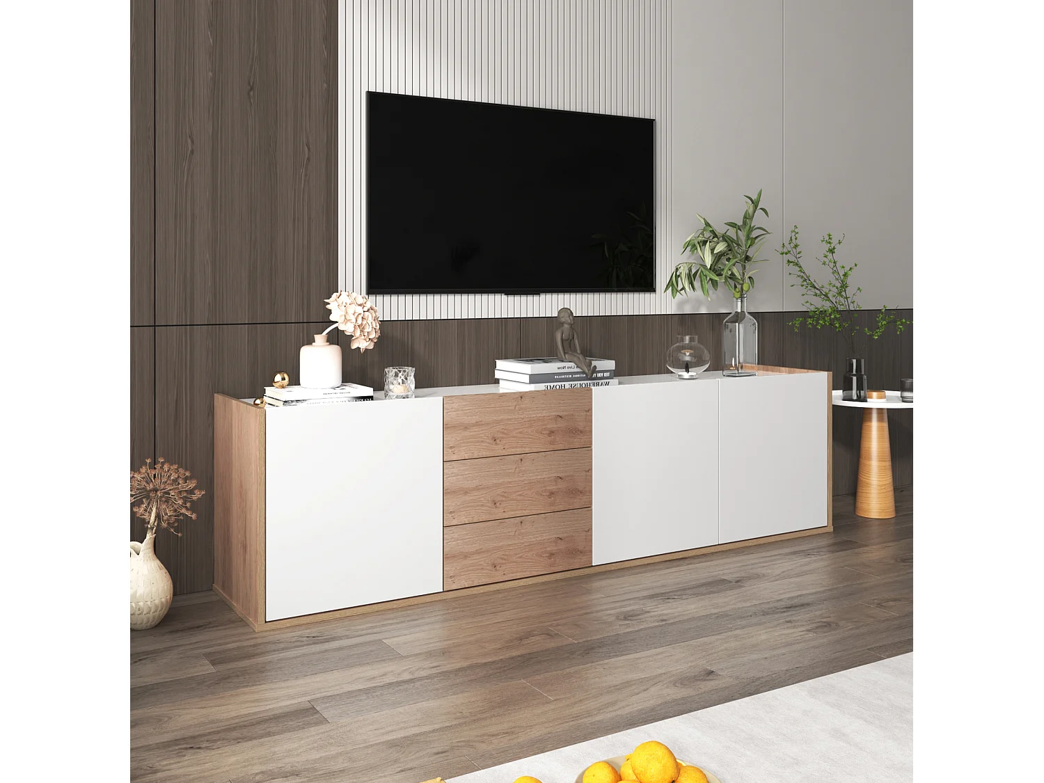 Meuble TV blanc et bois 3 portes et 3 tiroirs murale ou posé au sol GHUGROINS