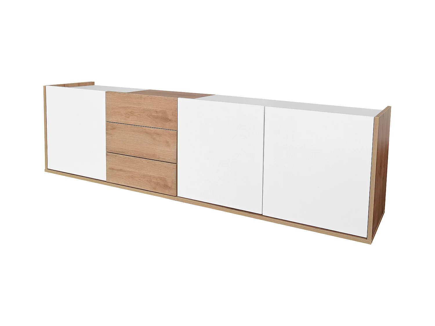 Meuble TV blanc et bois 3 portes et 3 tiroirs murale ou posé au sol GHUGROINS