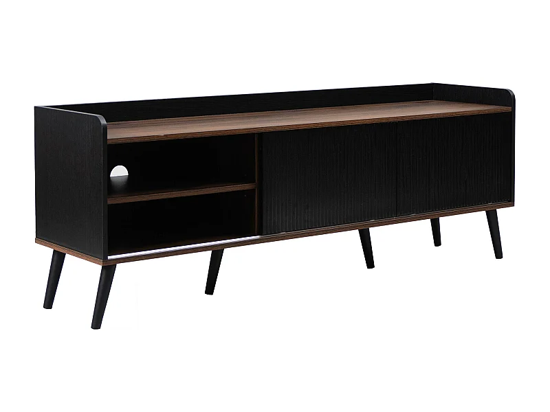 Meuble TV effet bois et noir avec 2 tiroirs au central et 2 portes coulissantes H58/L160/P40cm UNGRUDS