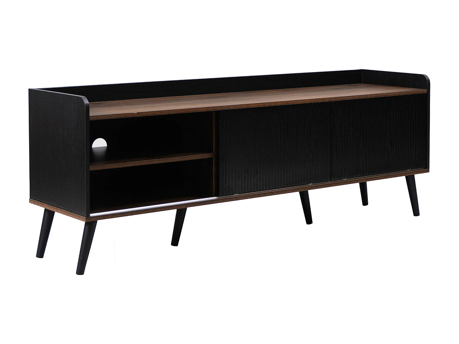 Meuble TV effet bois et noir avec 2 tiroirs au central et 2 portes coulissantes H58/L160/P40cm UNGRUDS