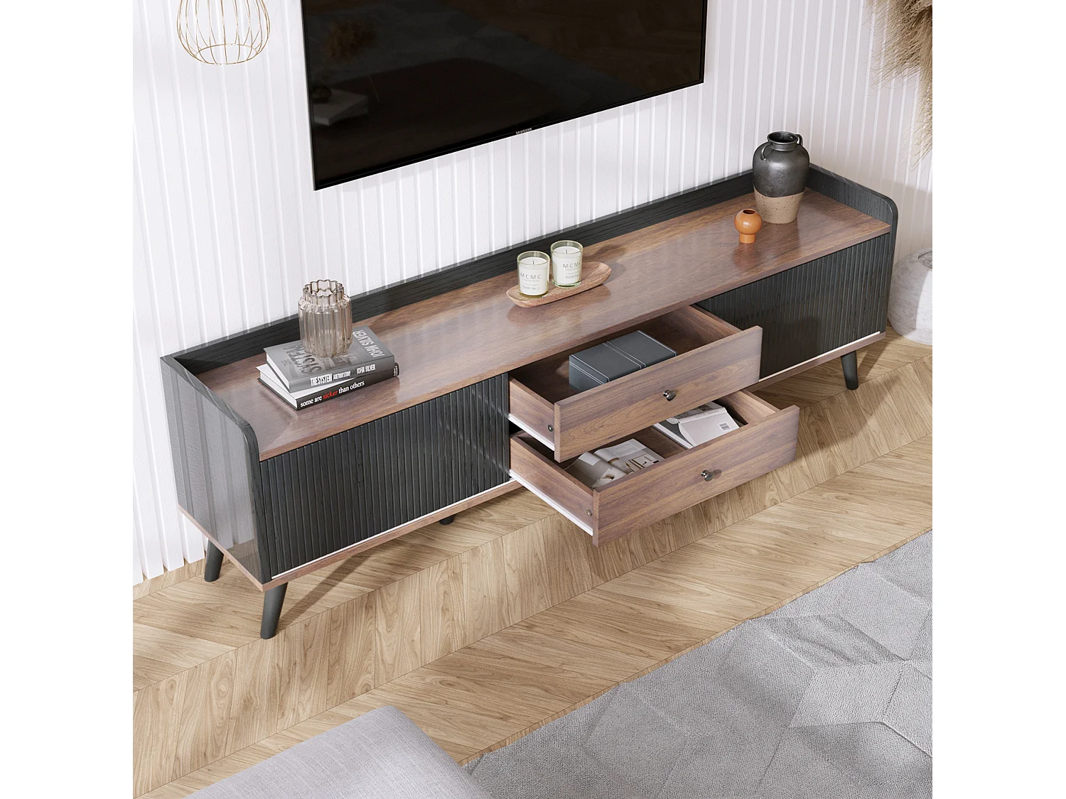 Meuble TV effet bois et noir avec 2 tiroirs au central et 2 portes coulissantes H58/L160/P40cm UNGRUDS