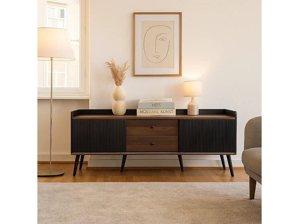 URBAN MEUBLE Meuble TV effet bois et noir avec 2 tiroirs au central et 2 portes coulissantes H58/L160/P40cm