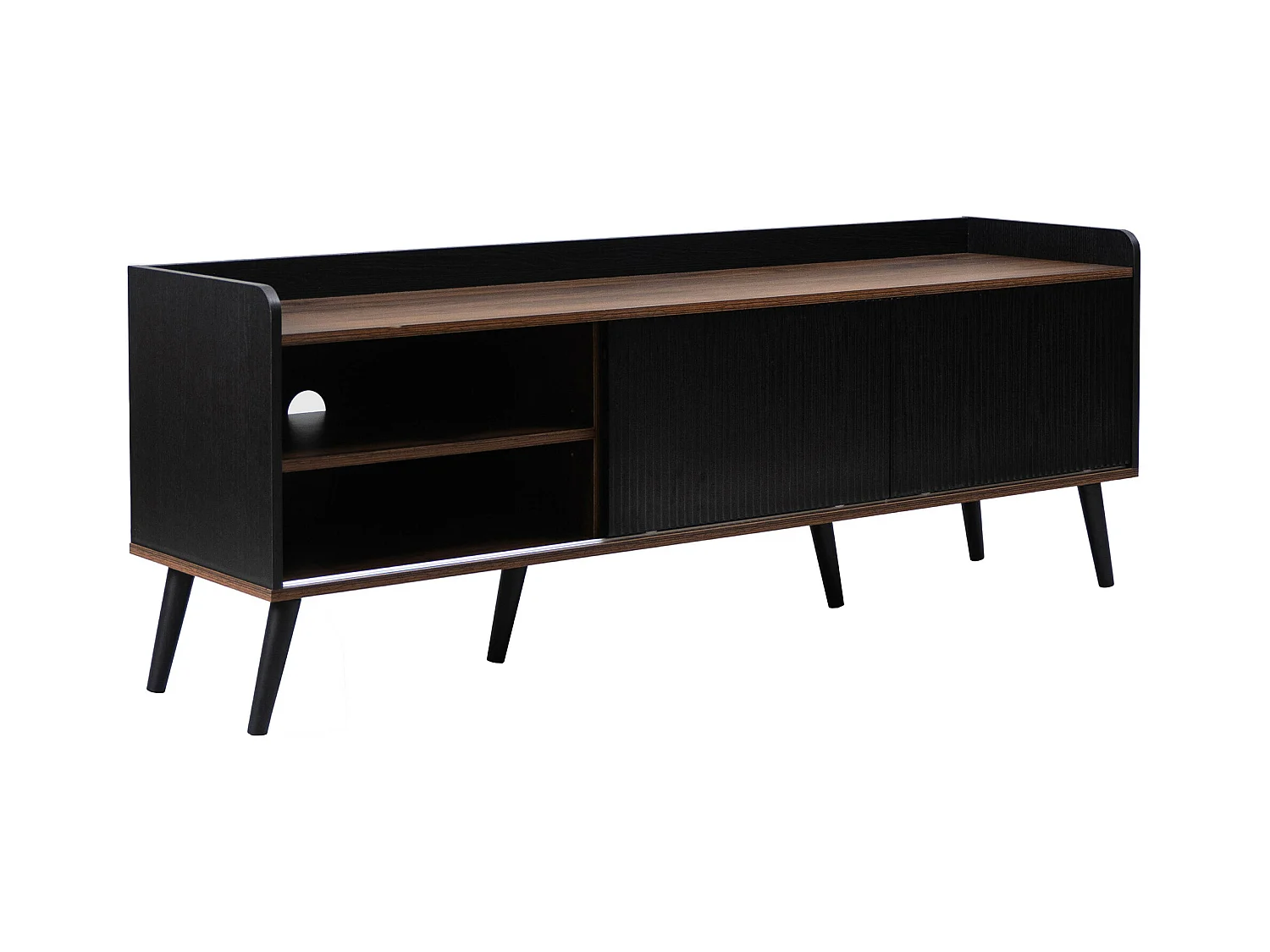 Meuble TV effet bois et noir avec 2 tiroirs au central et 2 portes coulissantes H58/L160/P40cm UNGRUDS