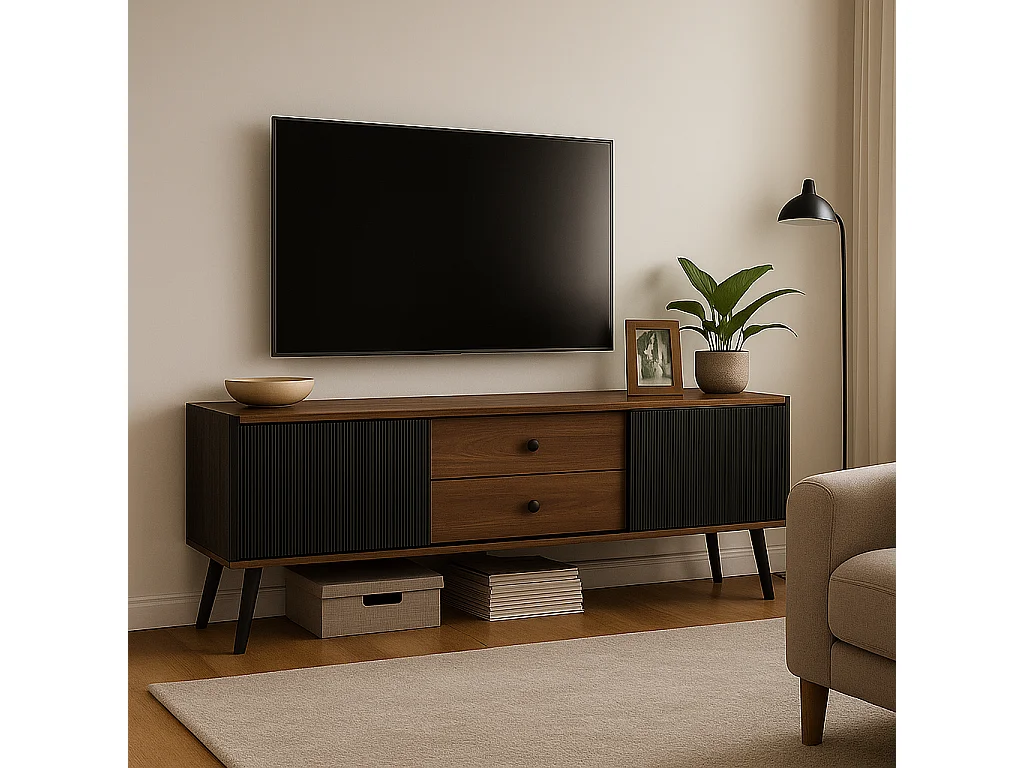 URBAN MEUBLE Meuble TV effet bois et noir avec 2 tiroirs au central et 2 portes coulissantes H58/L160/P40cm