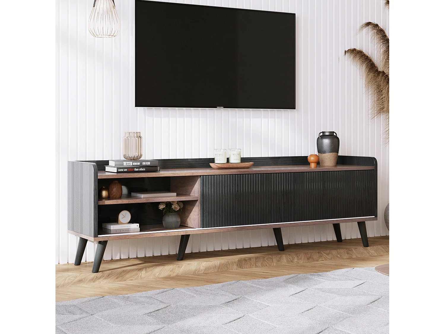 URBAN MEUBLE Meuble TV effet bois et noir avec 2 tiroirs au central et 2 portes coulissantes H58/L160/P40cm