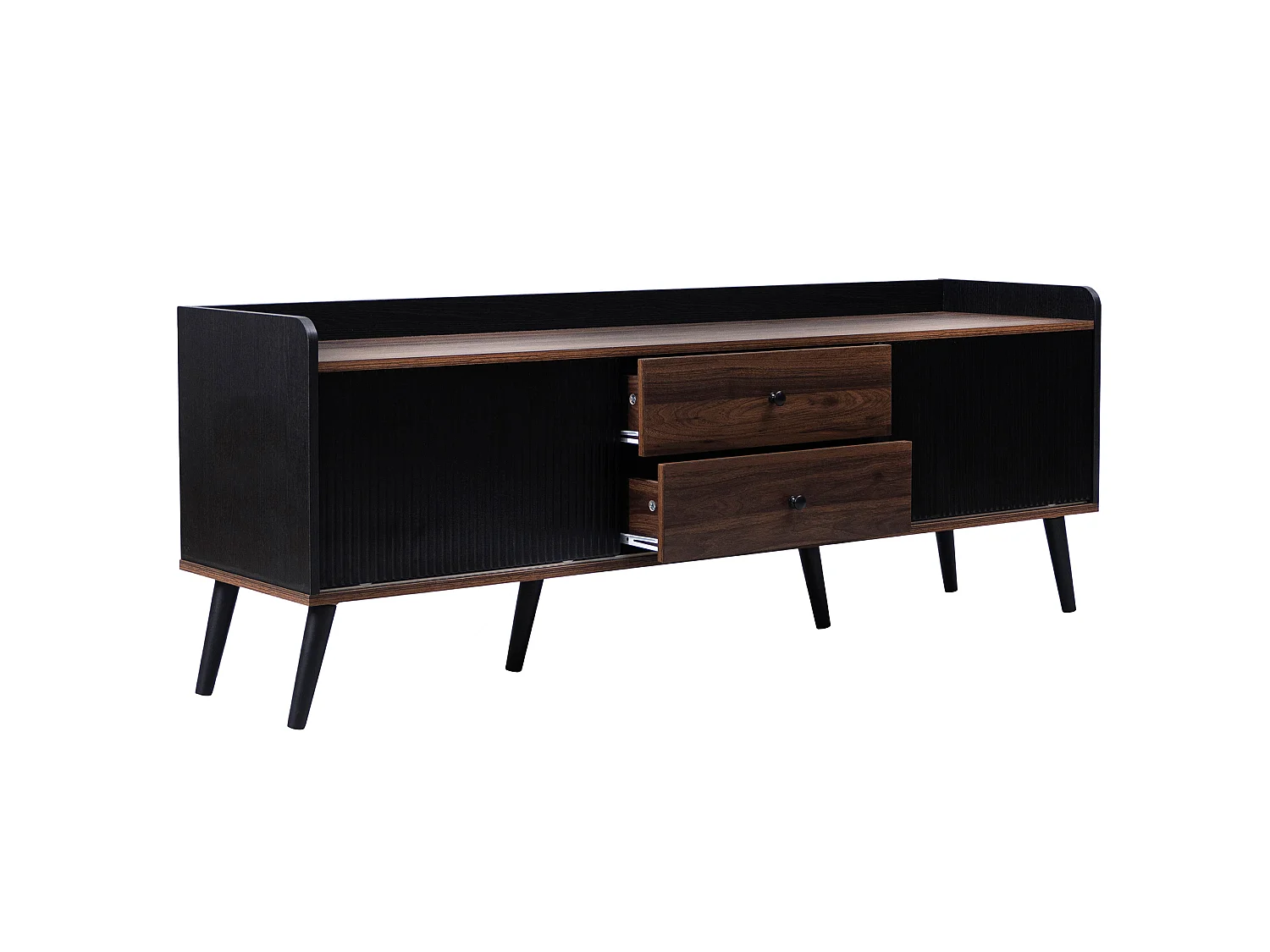 URBAN MEUBLE Meuble TV effet bois et noir avec 2 tiroirs au central et 2 portes coulissantes H58/L160/P40cm