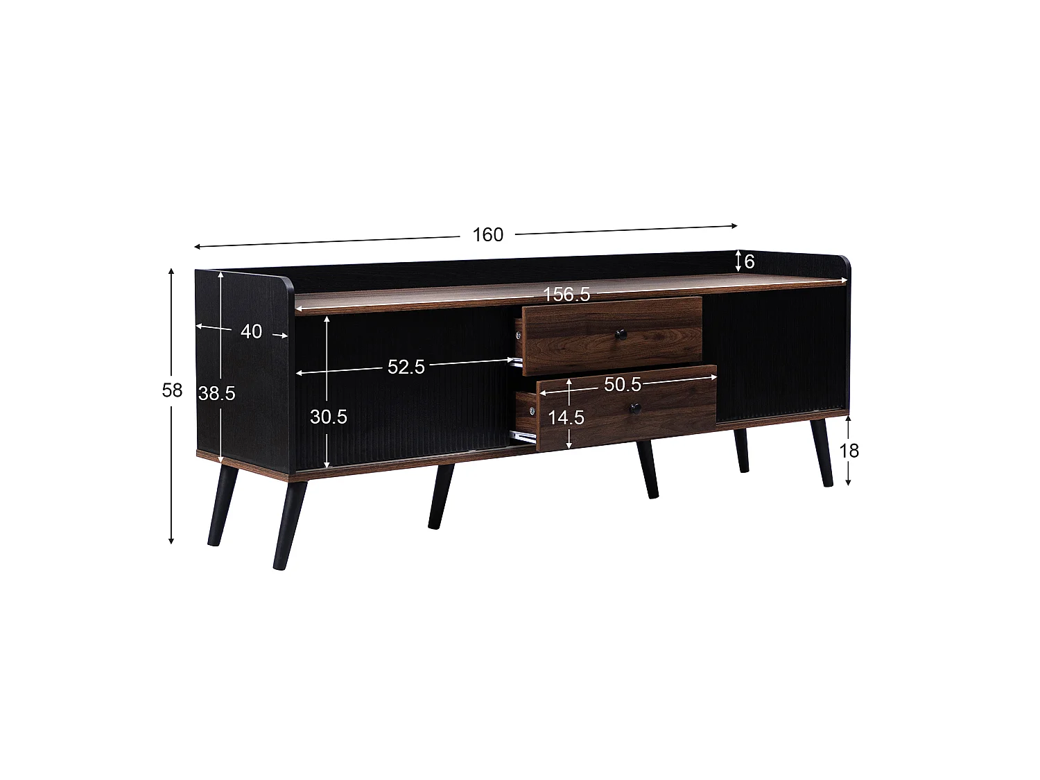 URBAN MEUBLE Meuble TV effet bois et noir avec 2 tiroirs au central et 2 portes coulissantes H58/L160/P40cm