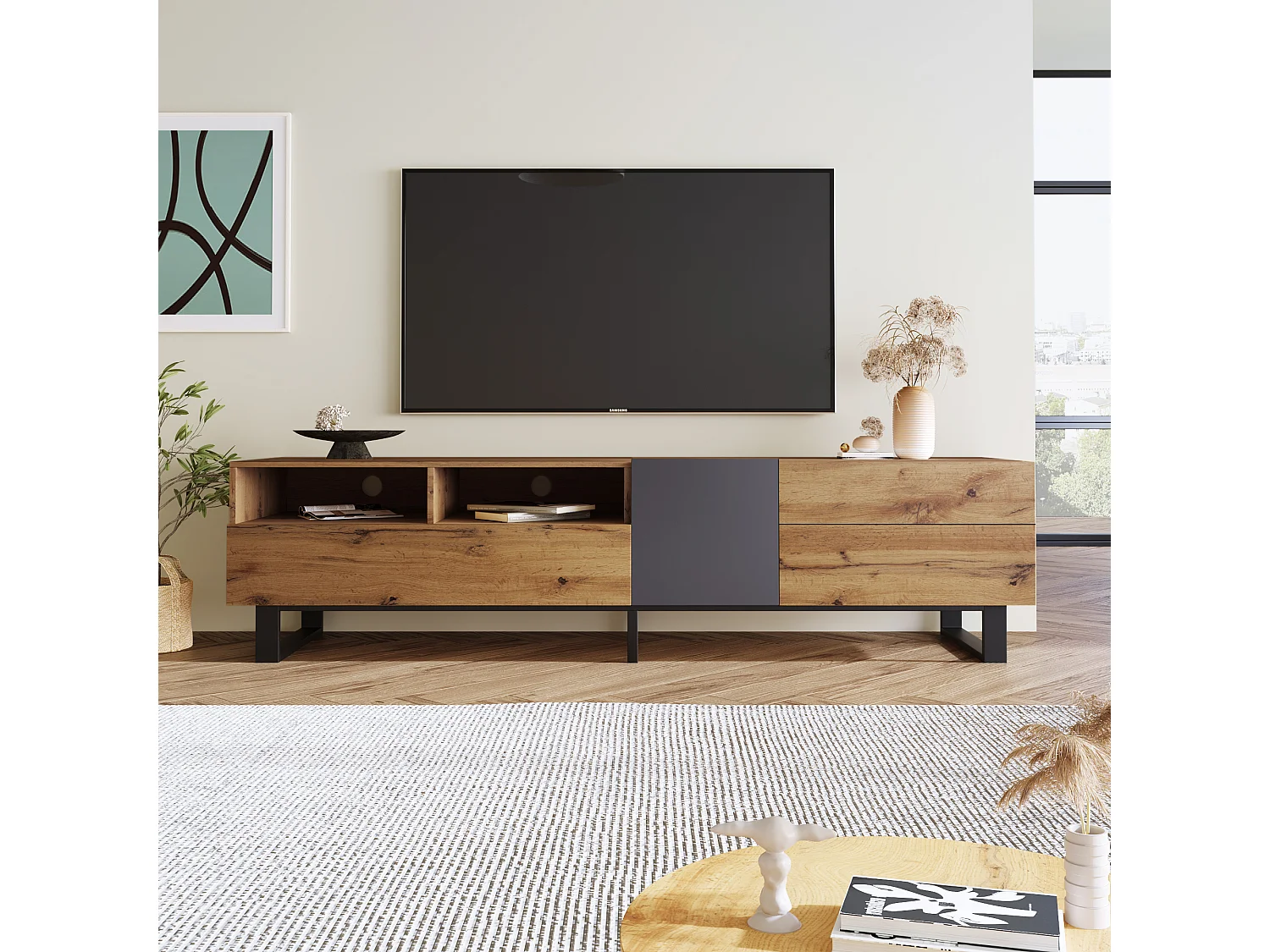 URBAN MEUBLE Meuble TV moderne aux couleurs contrastées avec grain de bois et gris 180 cm