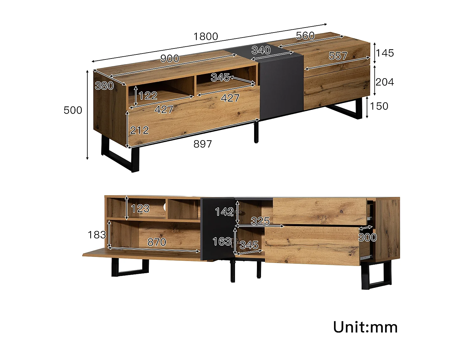 URBAN MEUBLE Meuble TV moderne aux couleurs contrastées avec grain de bois et gris 180 cm