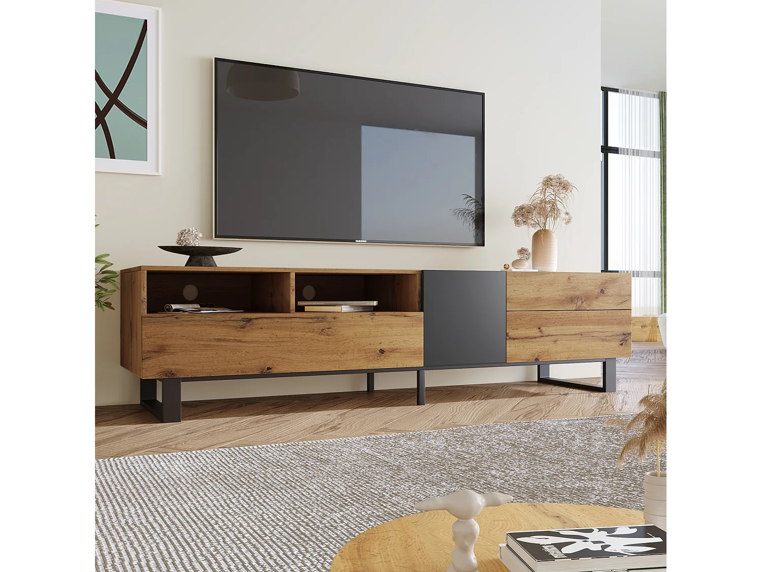 URBAN MEUBLE Meuble TV moderne aux couleurs contrastées avec grain de bois et gris 180 cm