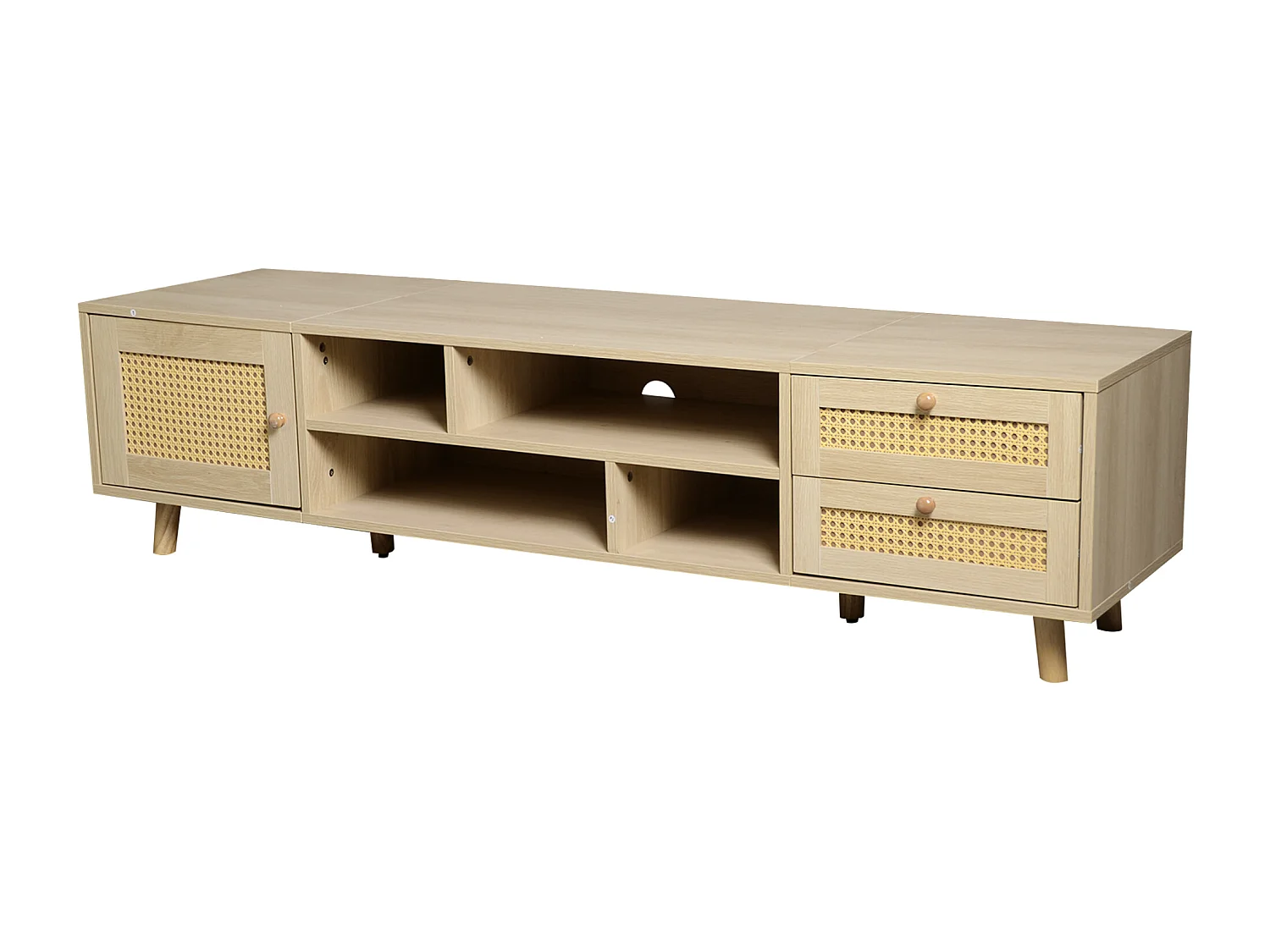 Meuble TV effet bois et rotin avec 2 tiroirs 1 porte et niches de rangement ANIL