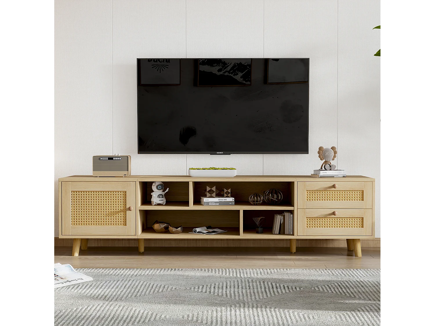 Meuble TV effet bois et rotin avec 2 tiroirs 1 porte et niches de rangement ANIL