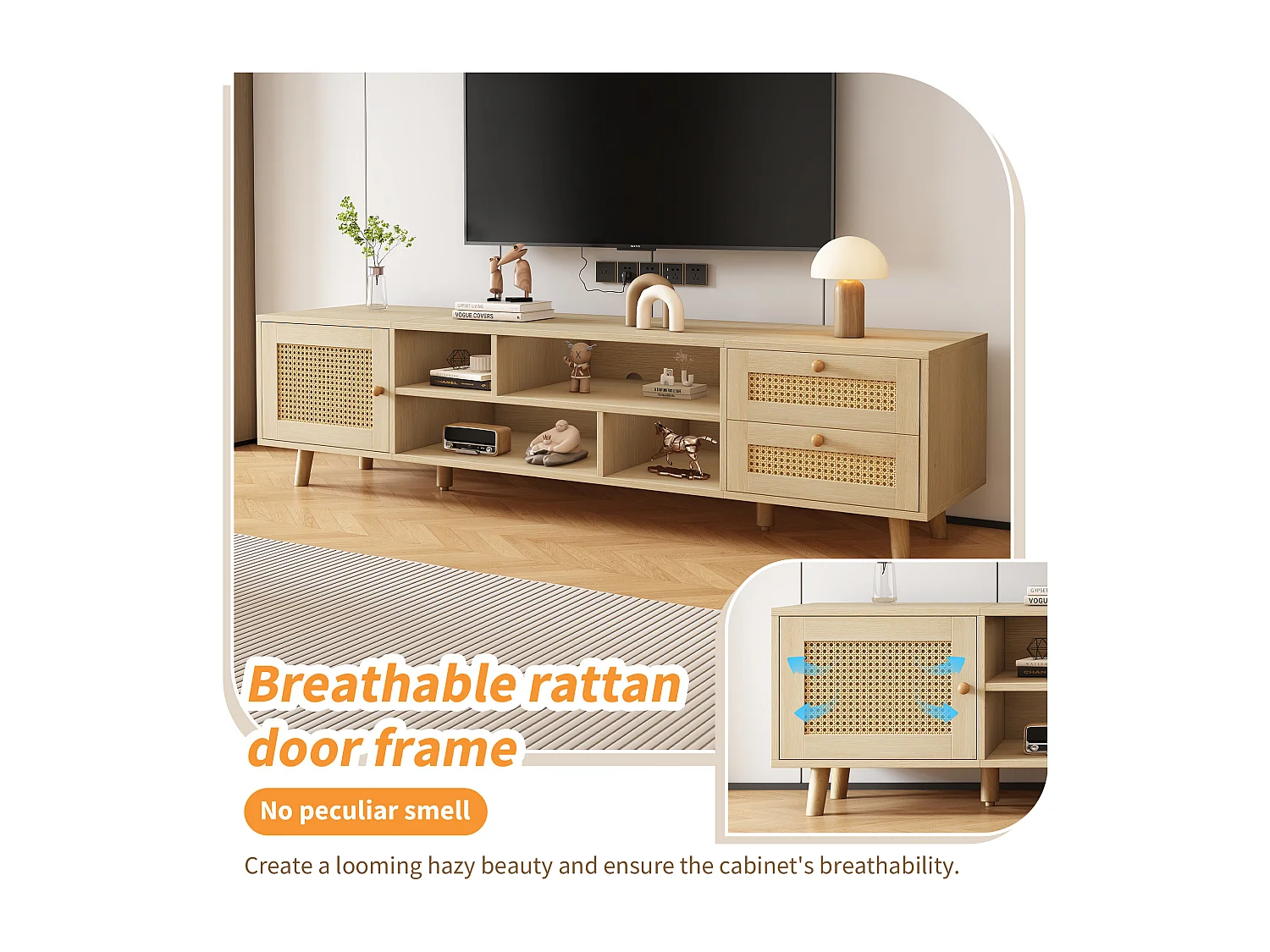 Meuble TV effet bois et rotin avec 2 tiroirs 1 porte et niches de rangement ANIL